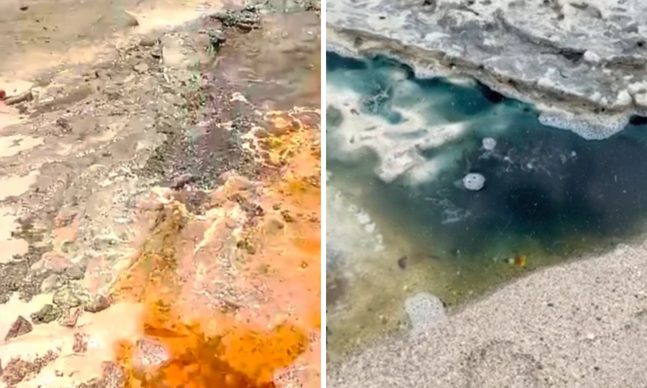 Praia com l&iacute;quido contaminado. Foto: Reprodu&ccedil;&atilde;o