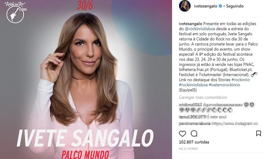 JUNHO: Ivete Sangalo confirma participação no Rock In Rio Lisboa