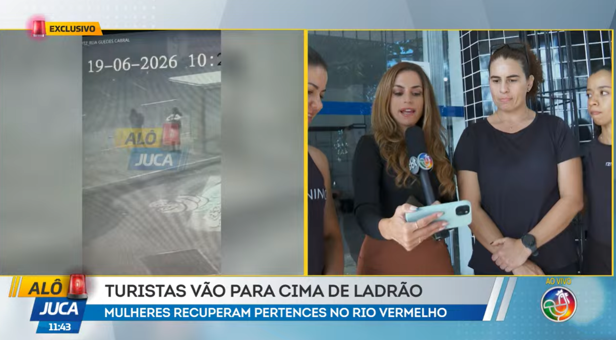 Tr&ecirc;s turistas recuperam pertences ap&oacute;s tentativa de roubo no Rio Vermelho. Foto: Reprodu&ccedil;&atilde;o TV Aratu.