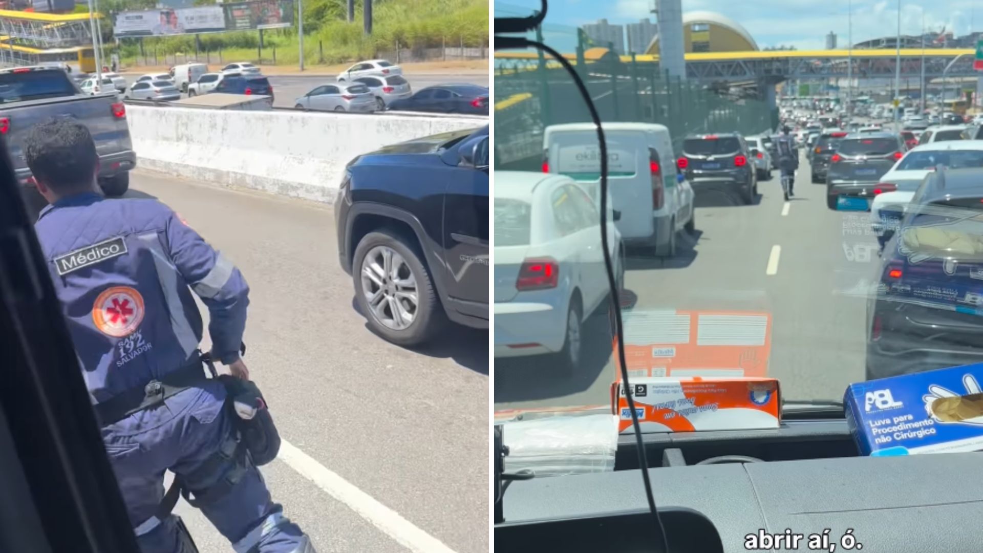 M&eacute;dico do Samu desce de ambul&acirc;ncia durante engarrafamento em Salvador. Foto: redes sociais