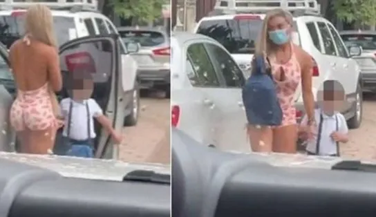 Mulher é alvo de ataques nas redes por usar macaquinho fitness para levar filho a escola
