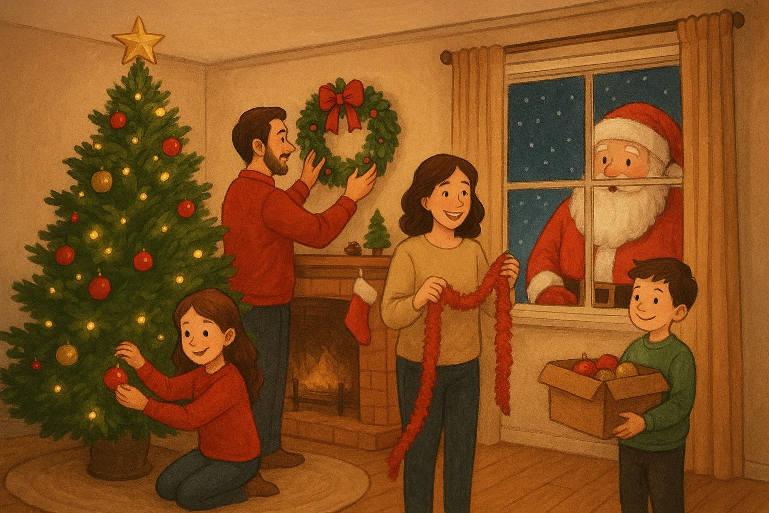 Imagem de familia decorando a casa para o natal 