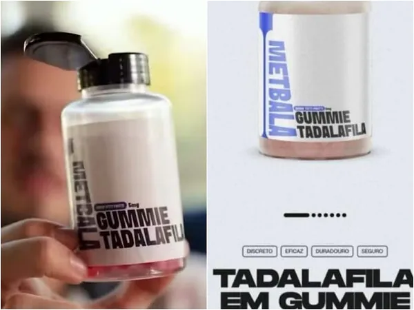 Comercializado como bala gummy, o produto à base de tadalafila não tem registro sanitário e uso está vetado por apresentar riscos à saúde. Fotos: Redes Sociais