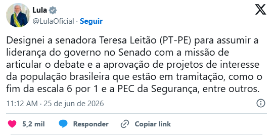 Lula Anuncia Nova L&iacute;der Do Senado