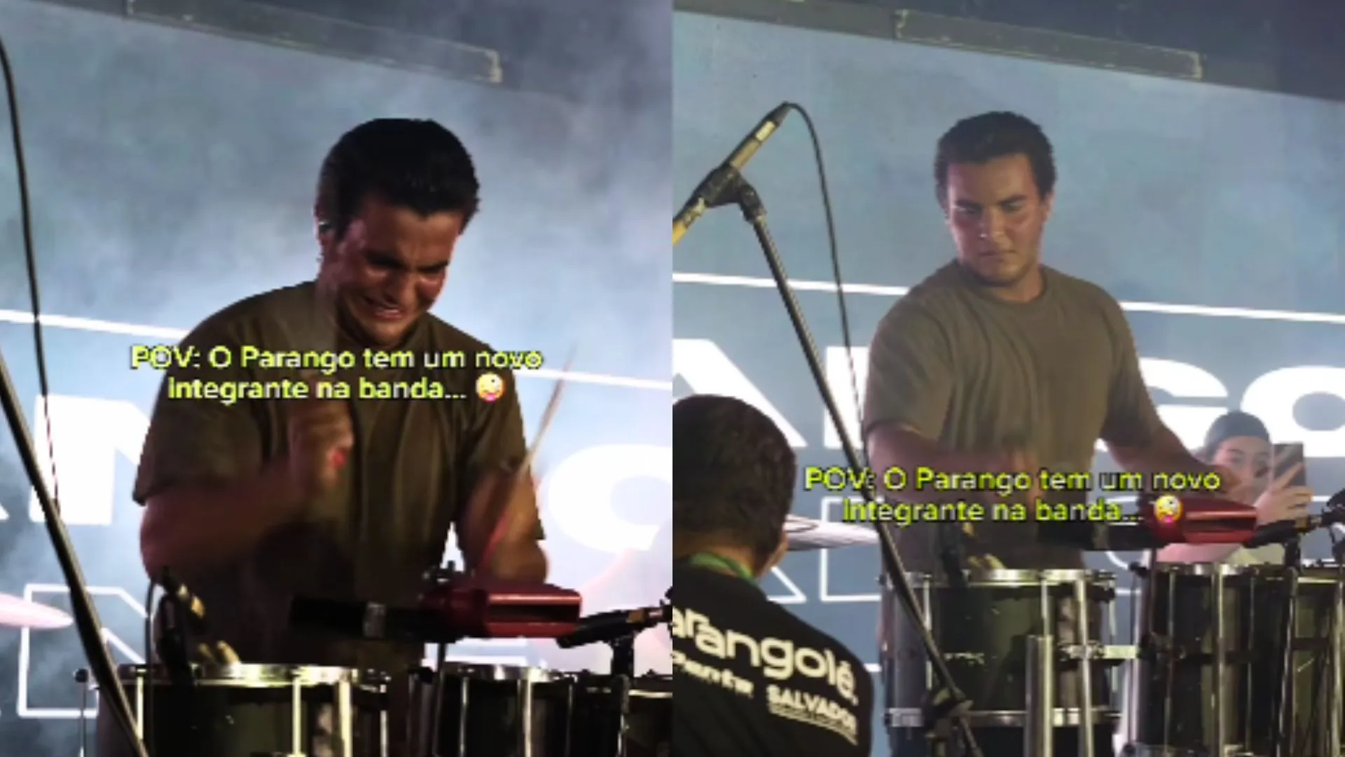 Marcelo Sangalo tocando percussão com o Parangolé