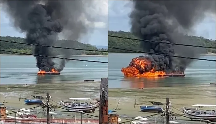 Imagem de embarcação pegando fogo em Madre de Deus 