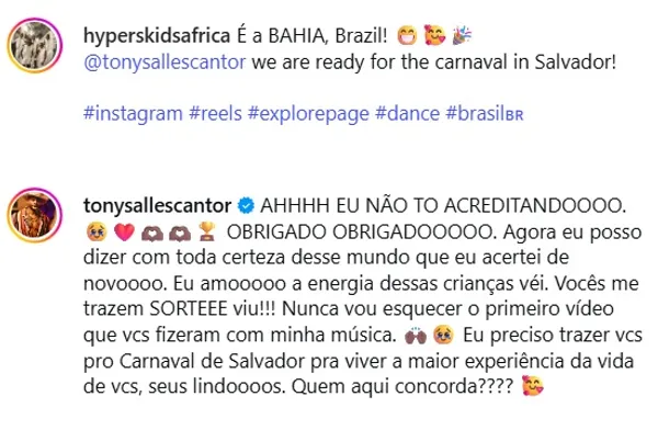 Tony Salles respondeu postagem do Hypers Kids Africa