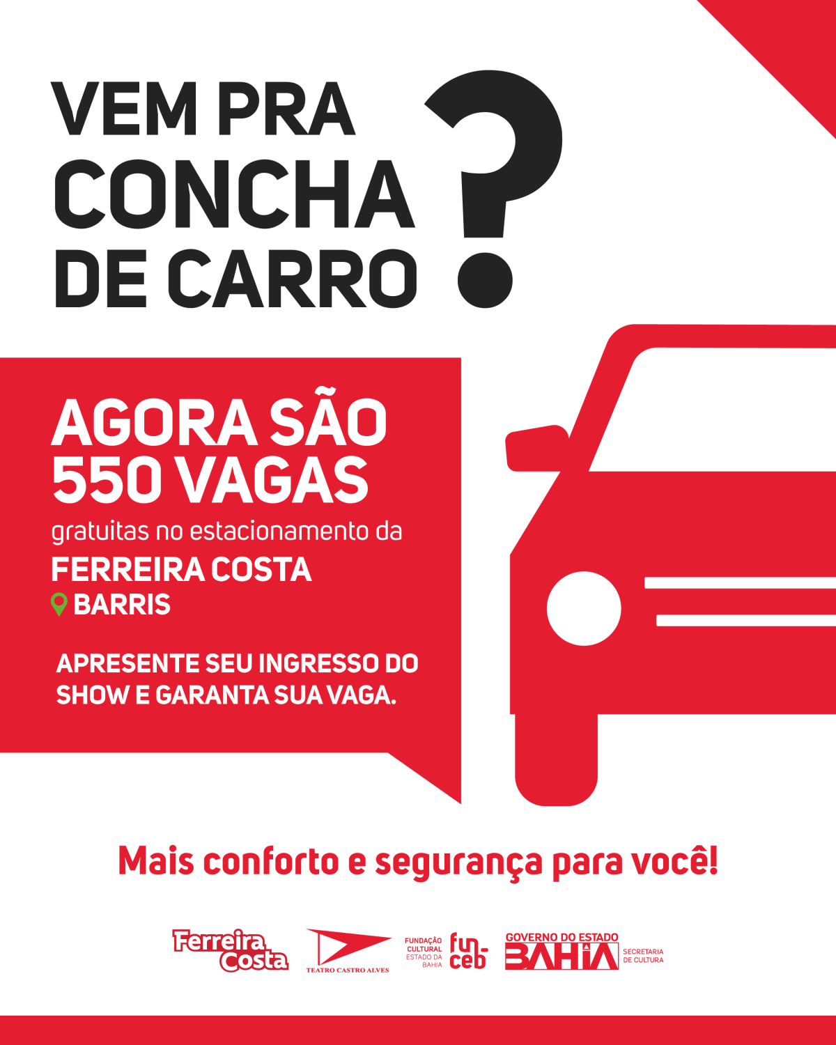 Estacionamento será liberado mediante apresentação de ingresso e funcionará em todos os dias de espetáculo. Foto: Divulgação/TCA