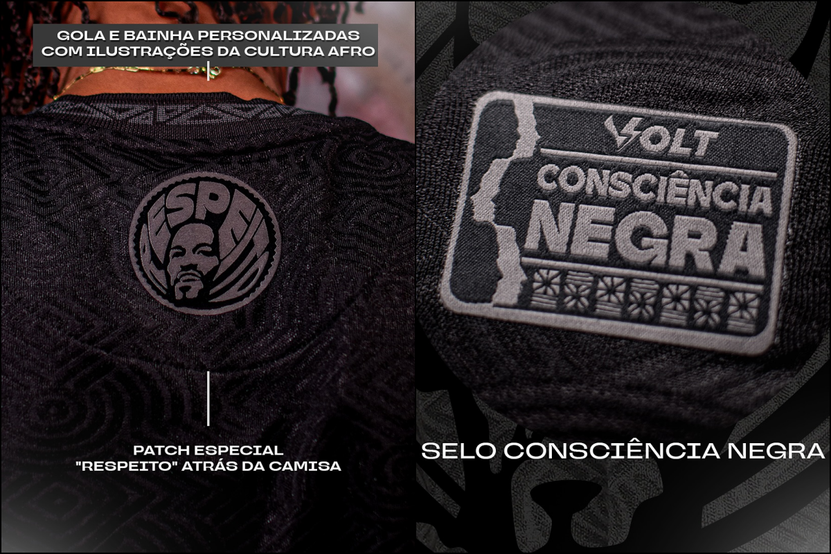 A camisa do Vitória para o Novembro Negro trás patches exclusivos e temáticos. Foto: Victor Ferreira/EC Vitória
