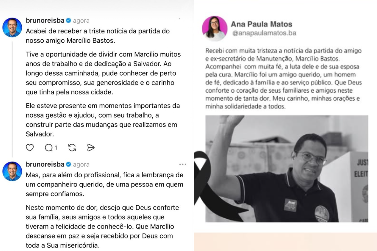 o prefeito Bruno Reis, a vice-prefeita Ana Paula Matos e o ex-prefeito de Salvador ACM Neto prestaram homenagens a Marcílio Bastos nas redes sociais. |Foto: Reprodução Redes Sociais