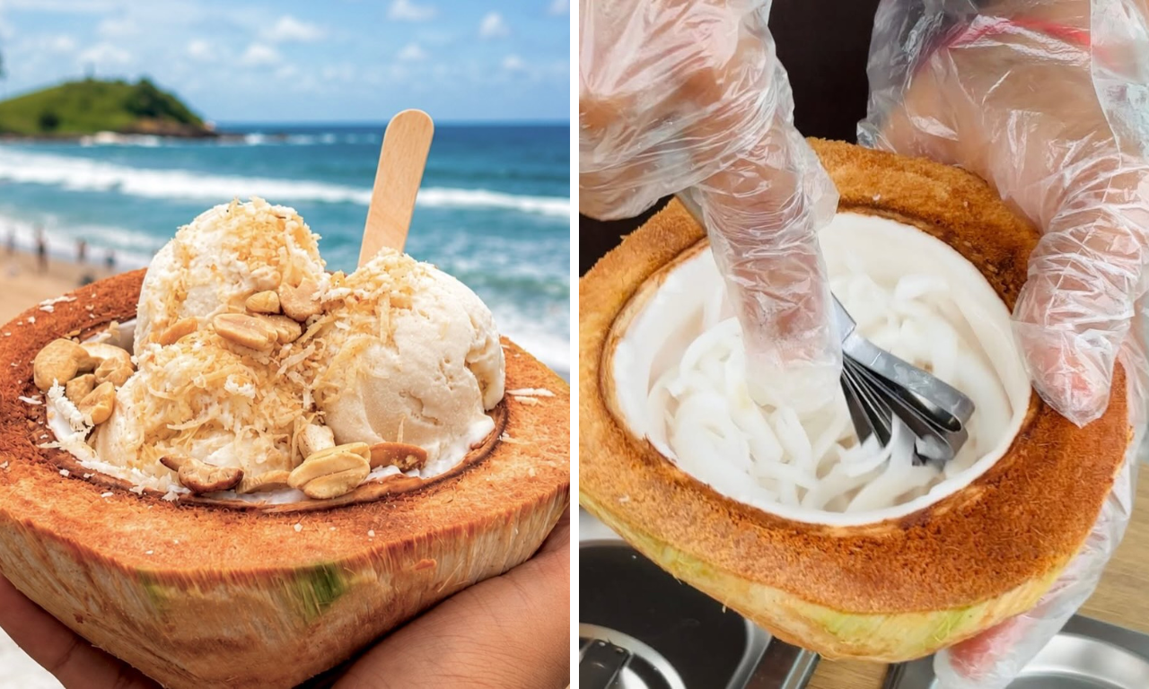 Sorvete de coco servido na fruta forma filas e vira atra&ccedil;&atilde;o no Farol da Barra. Foto: redes sociais