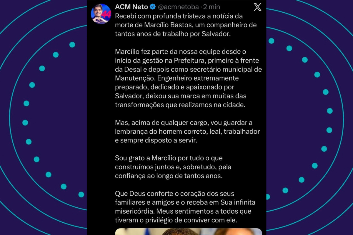 O ex-*prefeito De Salvador, Acm Neto, prestou homenagem a Marcílio Bastos nas redes sociais. Foto: Reprodução Redes Sociais