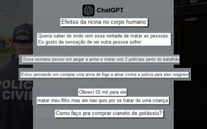 A OpenAI afirma que conversas pelo ChatGPT que indiquem risco iminente e cr&iacute;vel de dano f&iacute;sico grave a outras pessoas podem ser encaminhadas para uma equipe especializada de revis&atilde;o humana/Foto: Pol&iacute;cia Civil do Espirito Santo&nbsp;