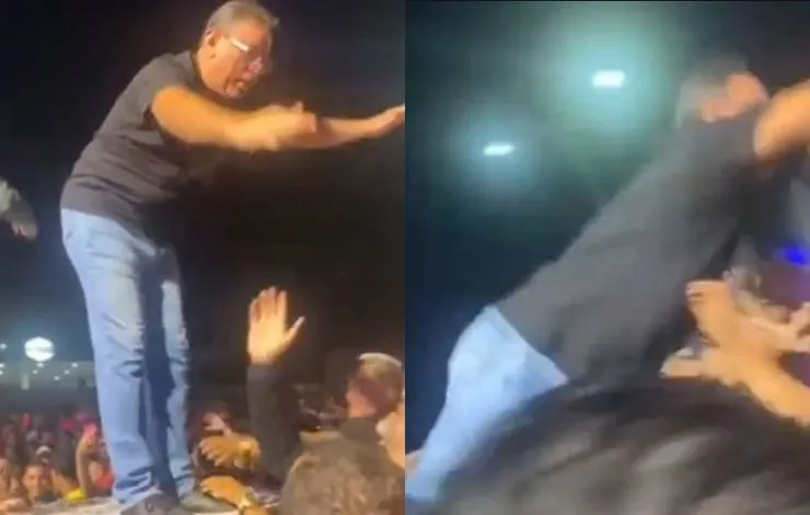 Prefeito cearense se empolga em festa e cai no chão ao se jogar na plateia