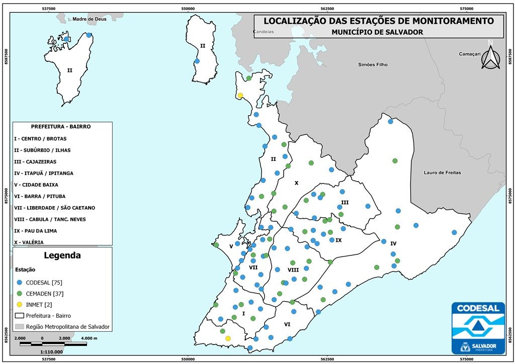 Pluviômetros espalhados pelo mapa de Salvador. Foto: Codesal