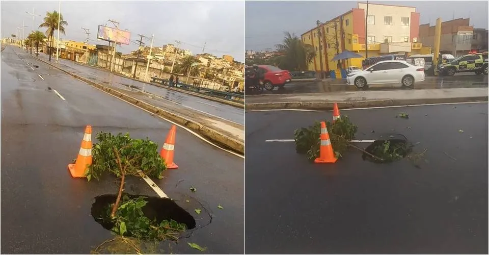 Buraco na pista atrapalha fluxo de veículos na orla marítima de Salvador
