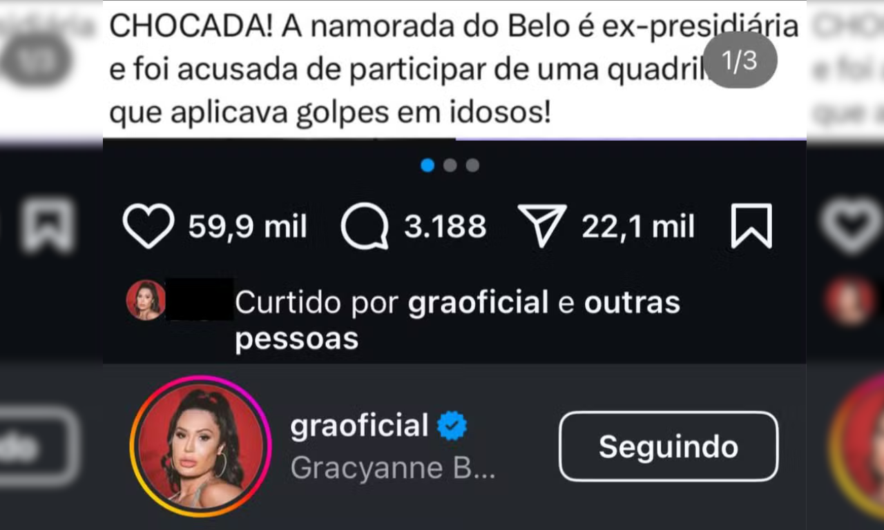 Gracyanne Barbosa curte comentário polêmico sobre atual de Belo. Foto: redes sociais 