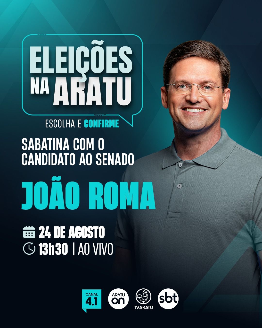Candidato ao Senado, Jo&atilde;o Roma (PL) participa de sabatina na TV Aratu. Foto: TV Aratu