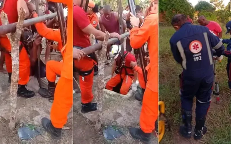 O resgate foi realizado pelo Corpo de Bombeiros Militar da Bahia (CBMBA), especializado em ocorr&ecirc;ncias de salvamento em altura e espa&ccedil;os confinados/Foto: Reprodu&ccedil;&atilde;o/Corpo de Bombeiros