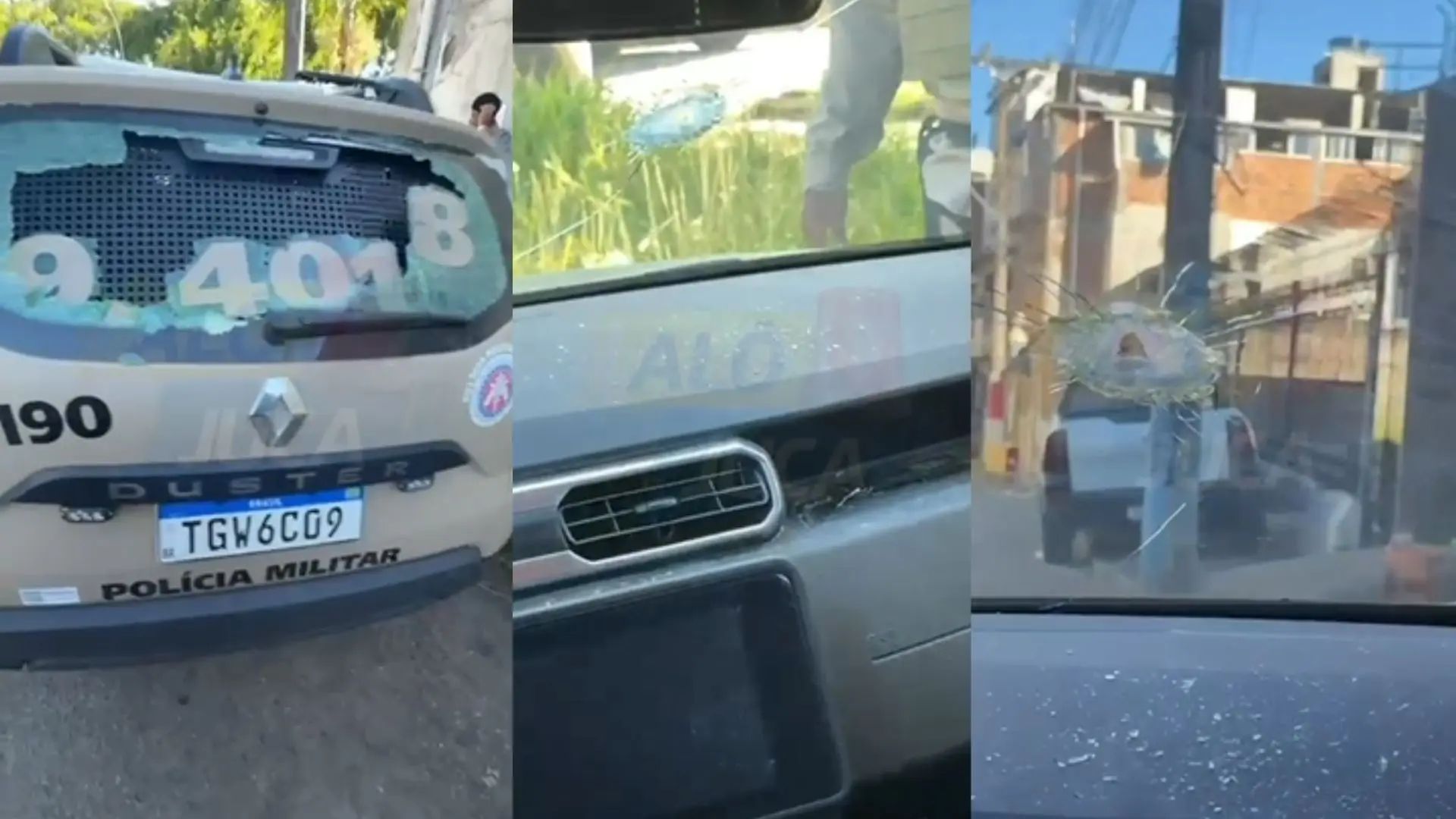 Viatura foi atingida por disparos e policial ficou ferido | Imagem: Reprodução/vídeo/Alô Juca