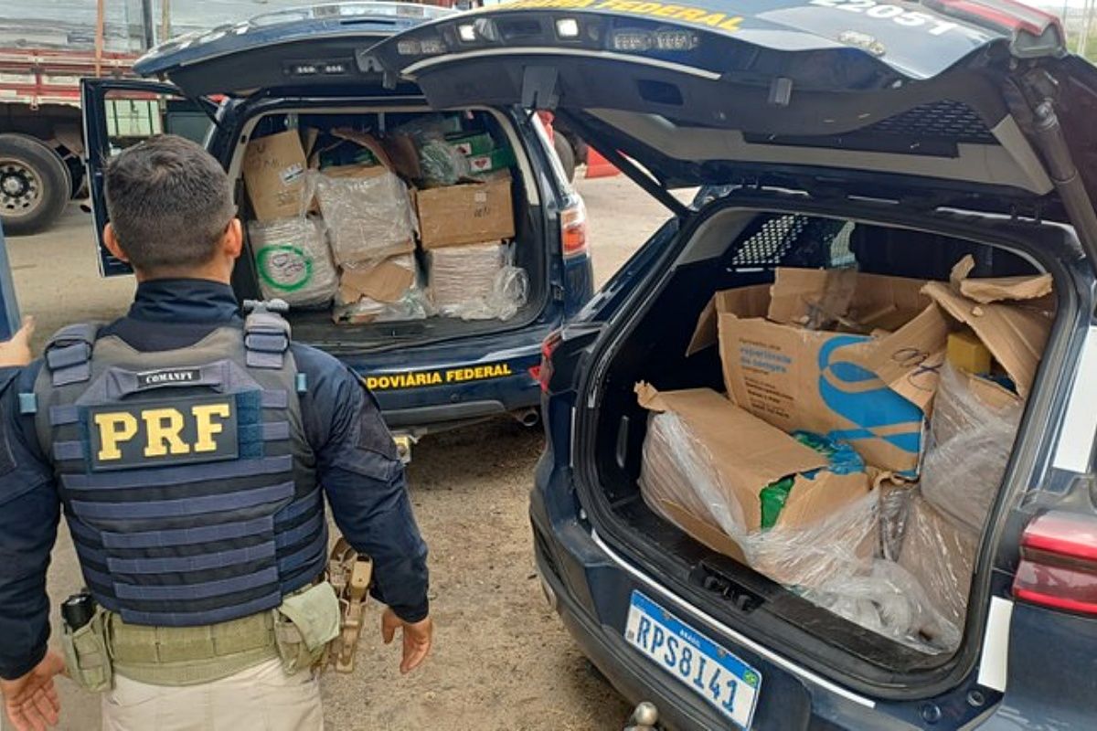 A PRF encontrou 340 kg de drogas camufladas em um caminhão que transportava produtos de supermercado e padaria, na altura do posto em Feira de Santana. Foto: PRF