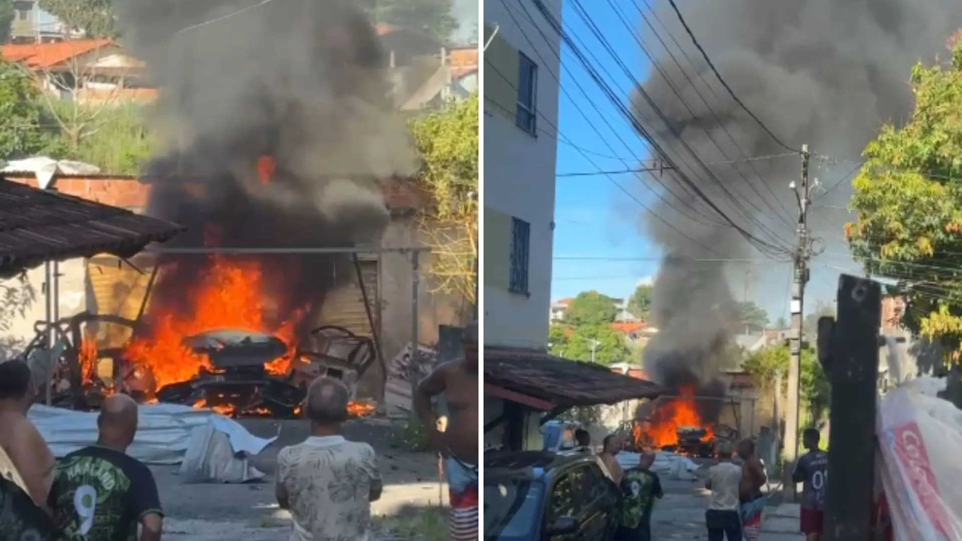 Carro estacionado em garagem pega fogo no bairro de Cajazeiras, em Salvador