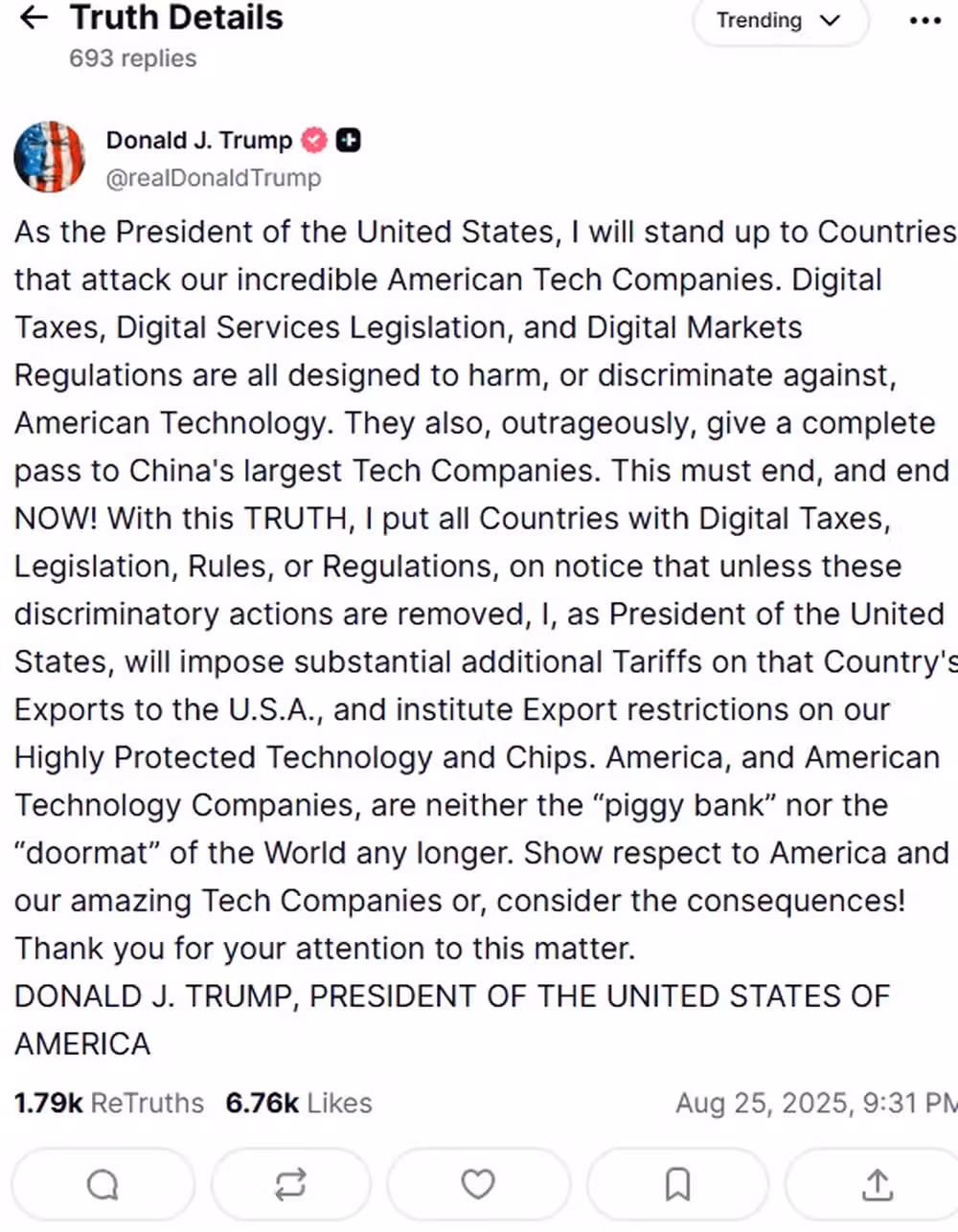 Publicação em que Trump promete retaliar países que regularem big techs americanas. Foto: Reprodução / Truth Social