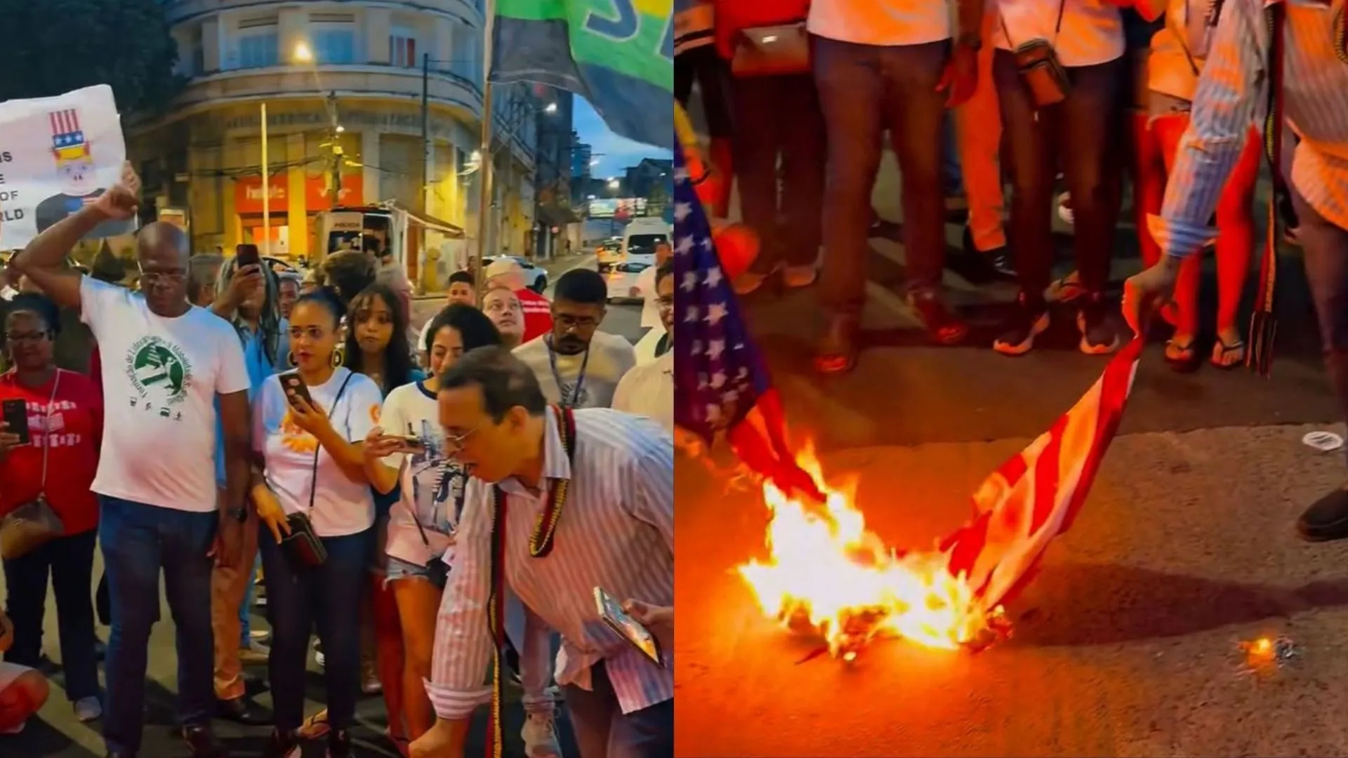 Hilton Coelho e Professor Hamilton queimam bandeira dos Estados Unidos