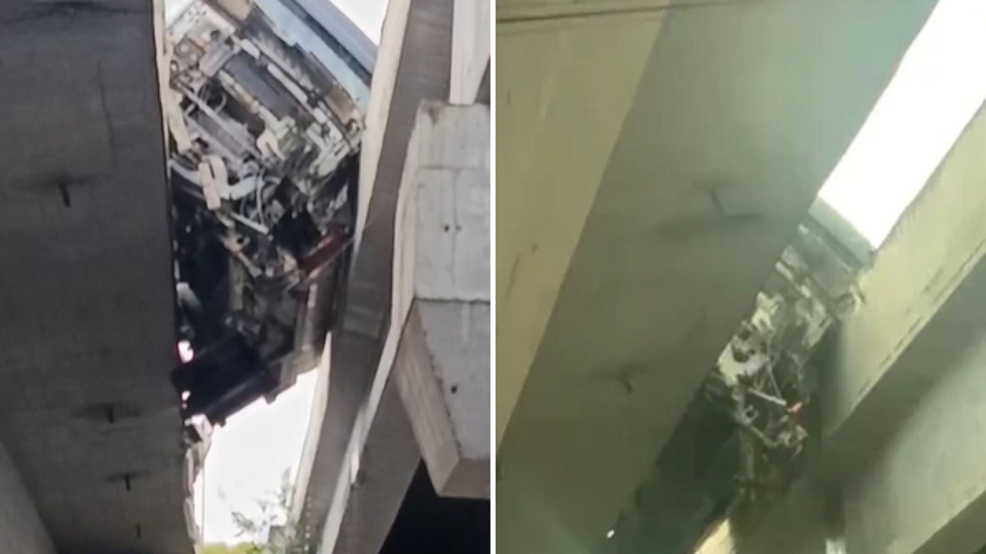  caminh&atilde;o-tanque fica preso entre dois viadutos