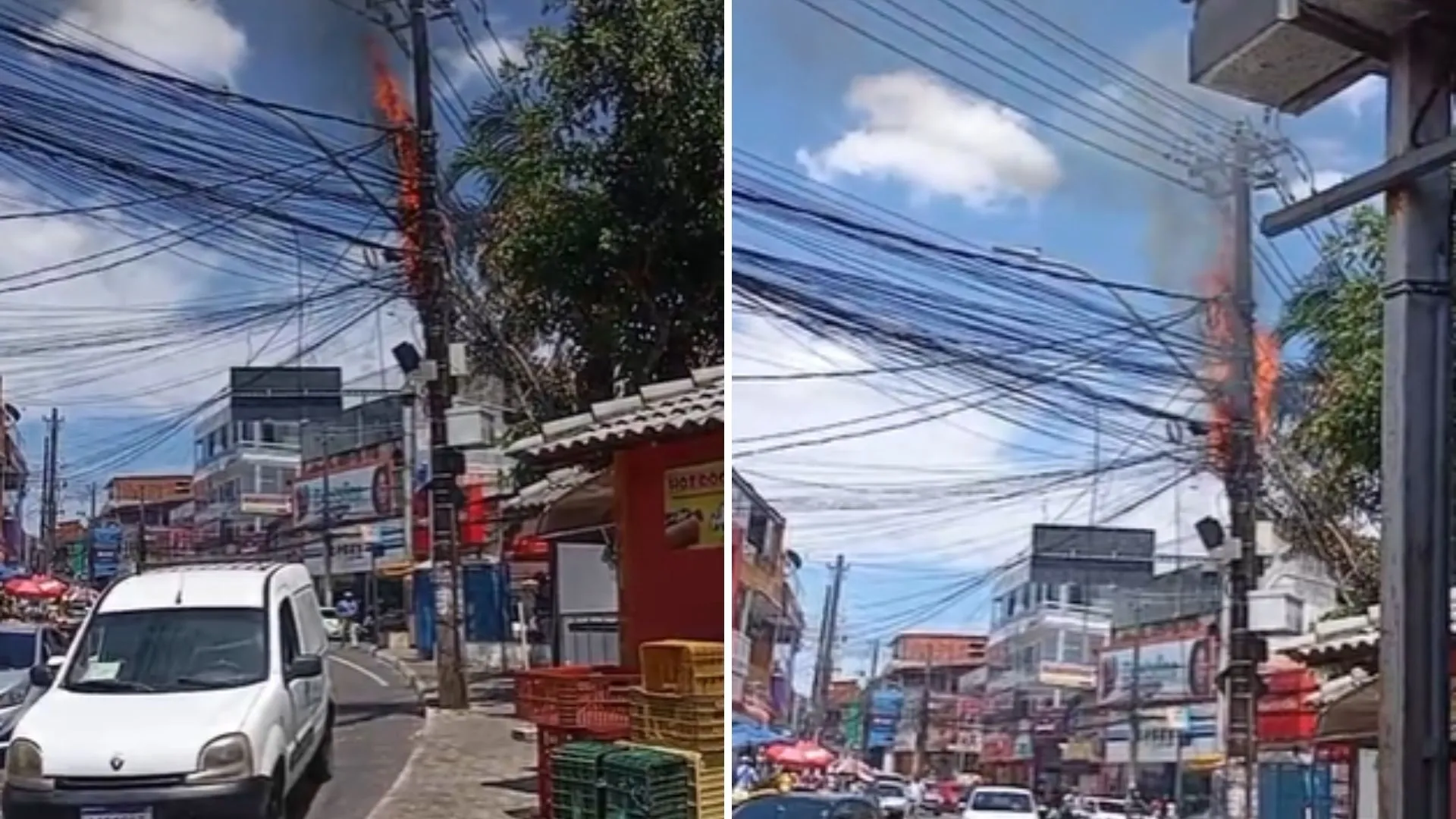 Poste pega fogo na Rótula da Feirinha, em Cajazeiras; veja vídeo