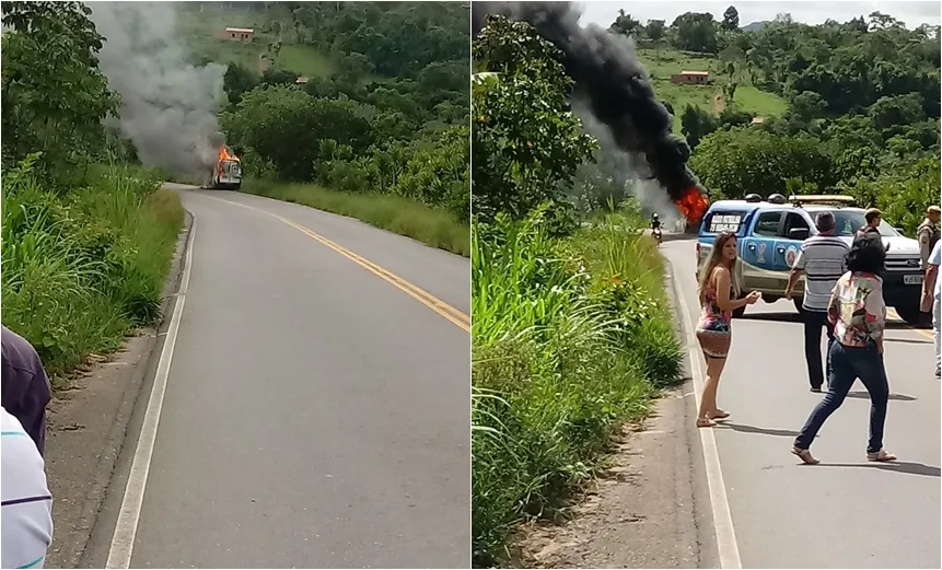 SUSTO: Ambulância pega fogo em trecho da BR 420 na cidade de Mutuípe