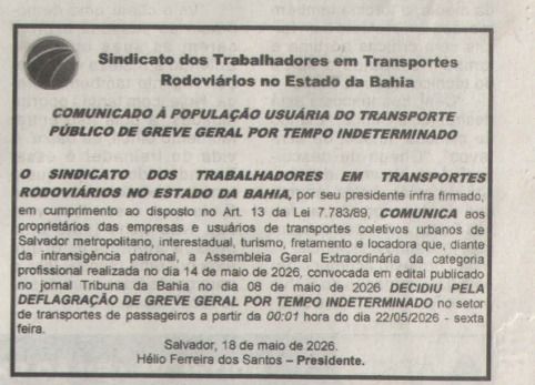 Edital de greve dos Rodovi&aacute;rios de Salvador publicado nesta segunda-feira (18)