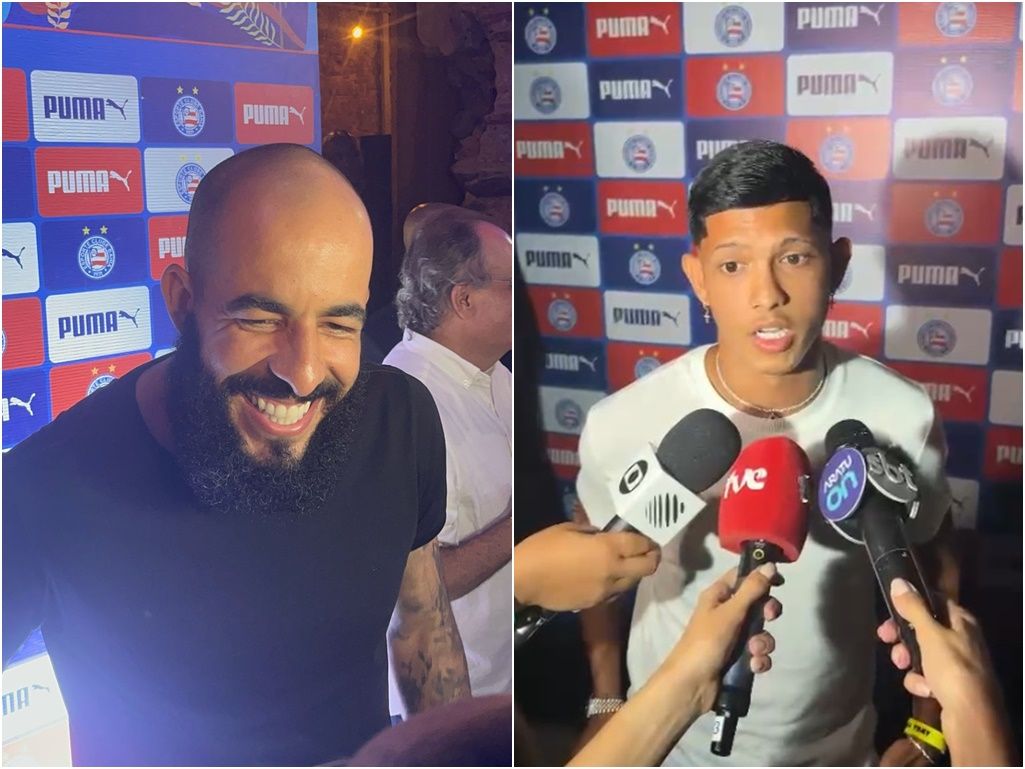 Os jogadores do Bahia, Danilo Fernandes e Erick Pulga compareceram ao evento de lançamento do novo uniforme do clube feito pela Puma. Foto: Juana Castro/Aratu On