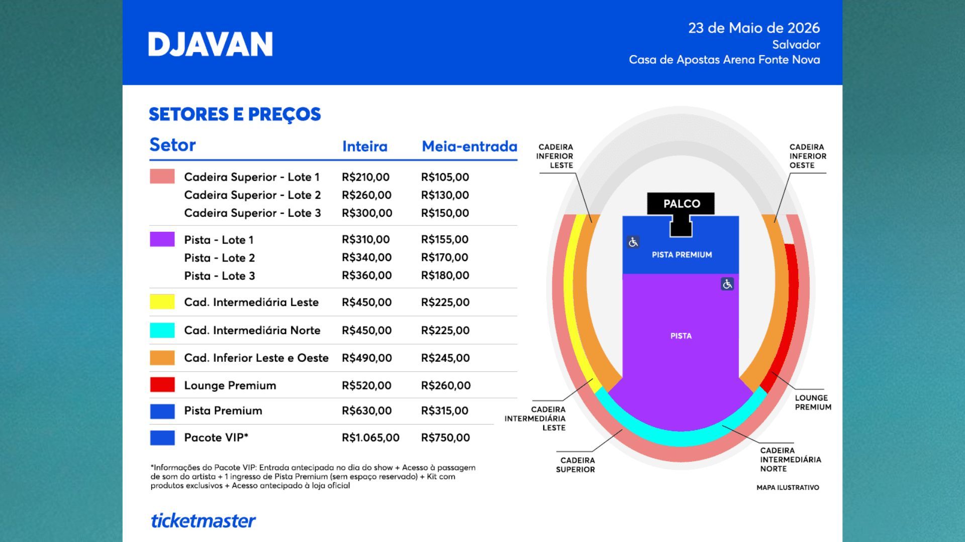 Valores do show de Djavan em Salvador, em maio de 2026