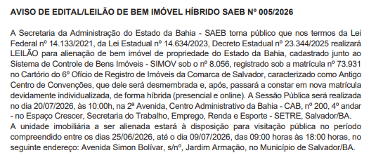 Nova Data Do Leil&atilde;o Do Centro De Conven&ccedil;&otilde;es 