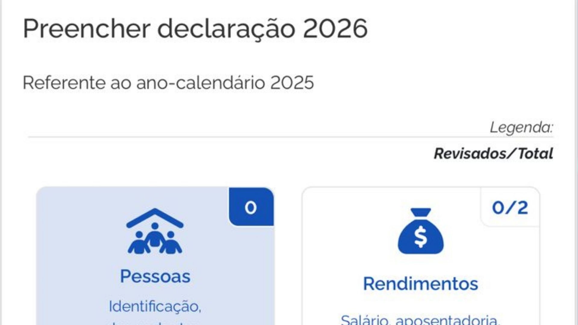 O app apresenta os campos para lista cada uma das categorias a declarar