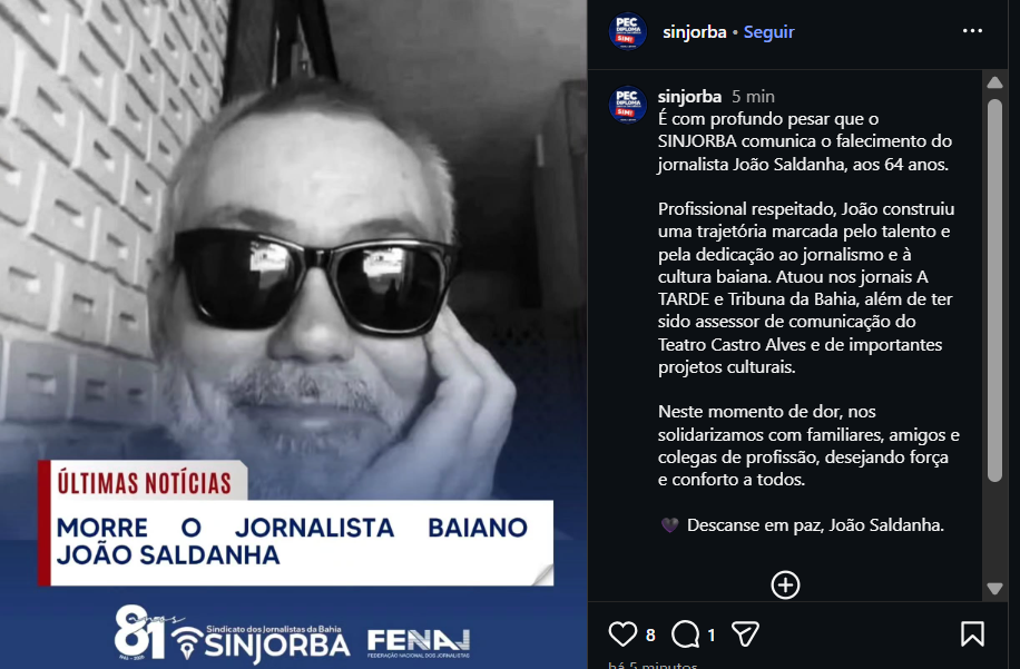 Jornalista Jo&atilde;o Saldanha morre aos 64 anos.| Reprodu&ccedil;&atilde;o: Redes Sociais