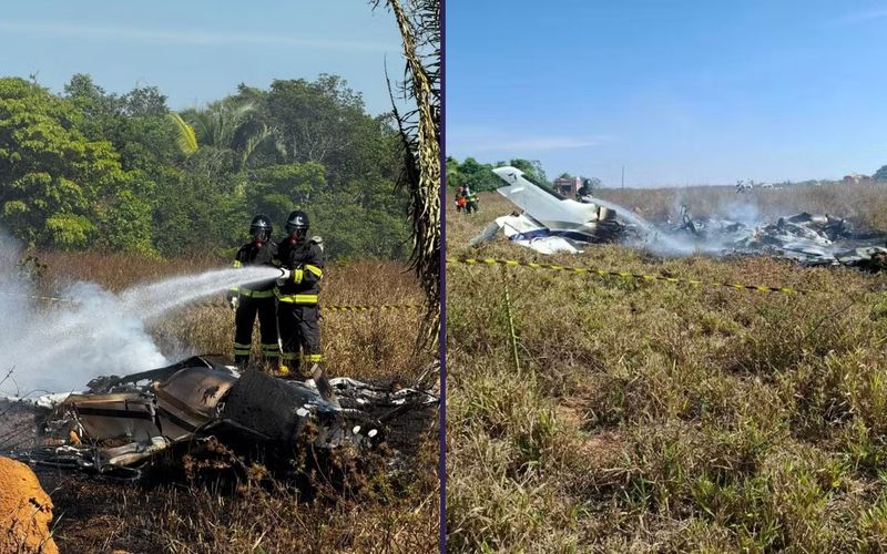 Avi&atilde;o de pequeno porte caiu em uma &aacute;rea de fazenda pr&oacute;xima &agrave; zona urbana de &Aacute;gua Boa, em Mato Grosso/Foto: Corpo de Bombeiros&nbsp;