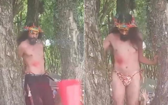 No vídeo, é possível ver o homem em cima de uma arvore, tirando as roupas até ficar apenas de fio-dental. Foto: Reprodução| Redes Sociais