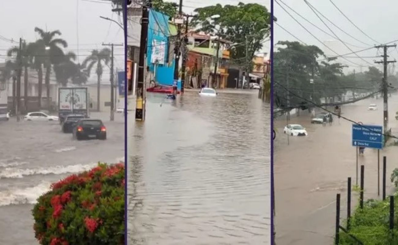 As fortes chuvas que atingem a Região Metropolitana de Salvador desde quinta-feira (21) provocaram alagamentos em áreas centrais de Lauro de Freitas. | Fotos: Leitor/Aratu On