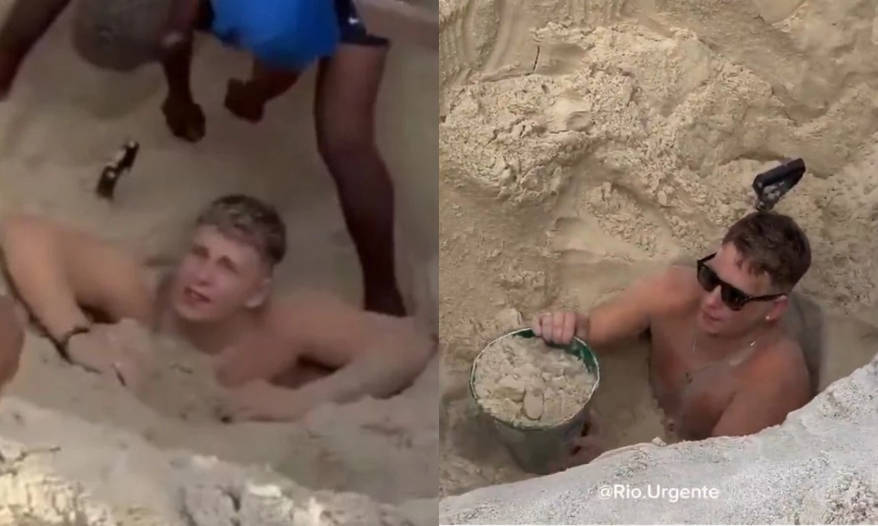 Turista americano se enterra na areia de praia. Foto: Reprodução | X