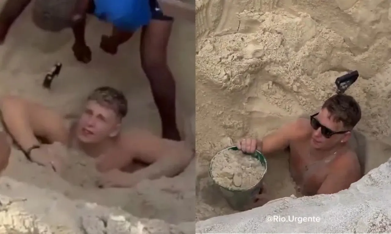 Turista americano se enterra na areia de praia e precisa de resgate; assista