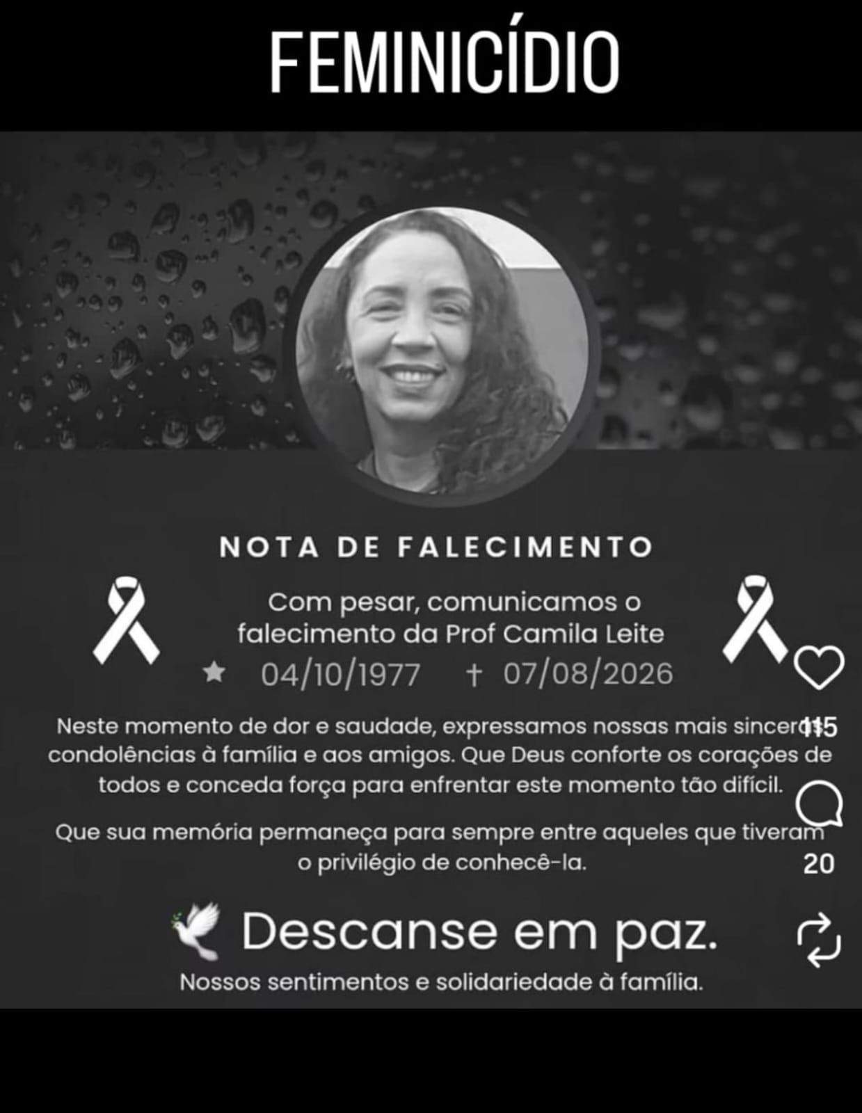 Camila Fernanda de Souza Leite, de 48 anos, foi vítima de feminicídio dentro de apartamento em Salvador