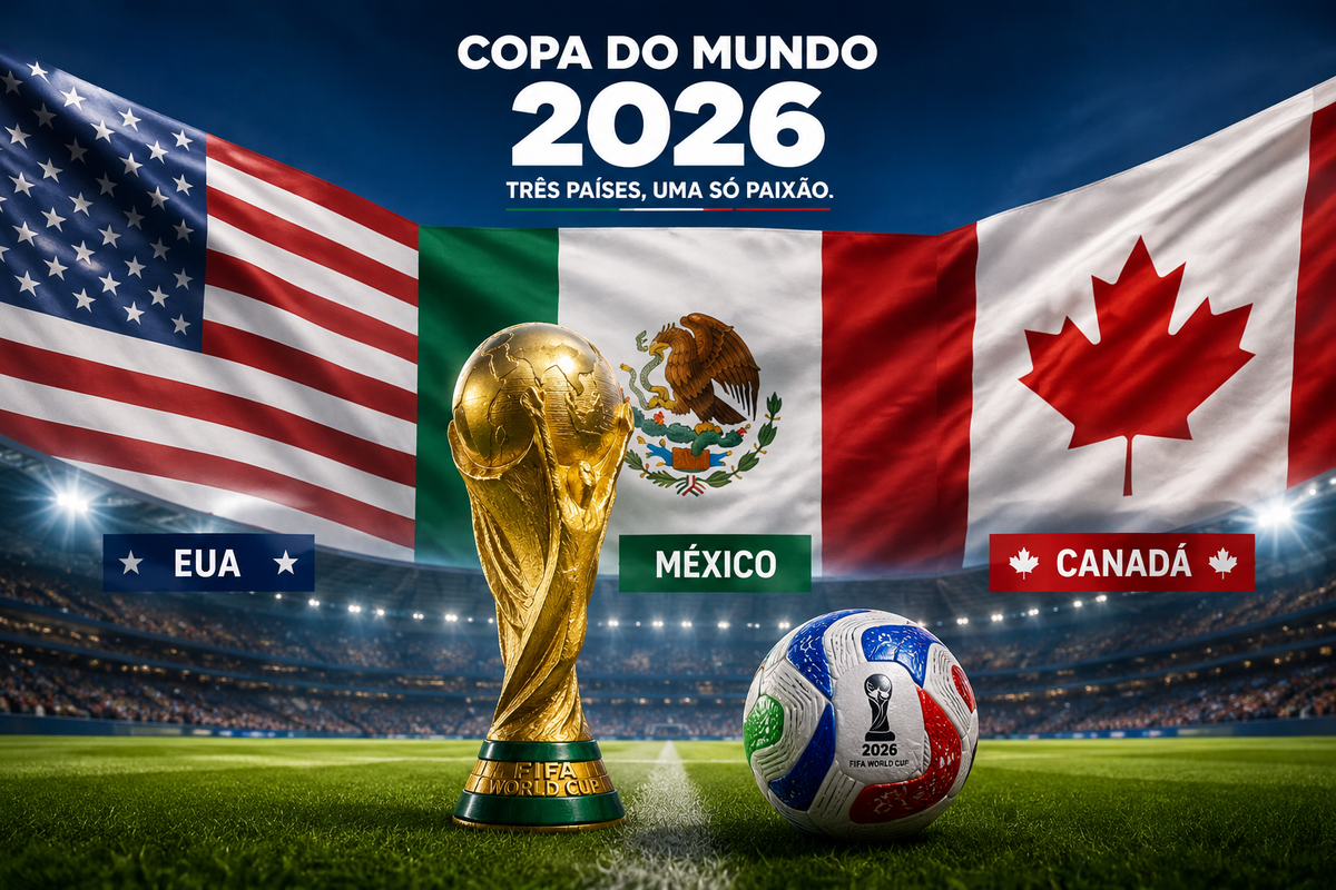 Copa do Mundo 2026 tem tr&ecirc;s pa&iacute;ses-sede e 48 sele&ccedil;&otilde;es. Foto: Ilustra&ccedil;&atilde;o | ChatGpt
