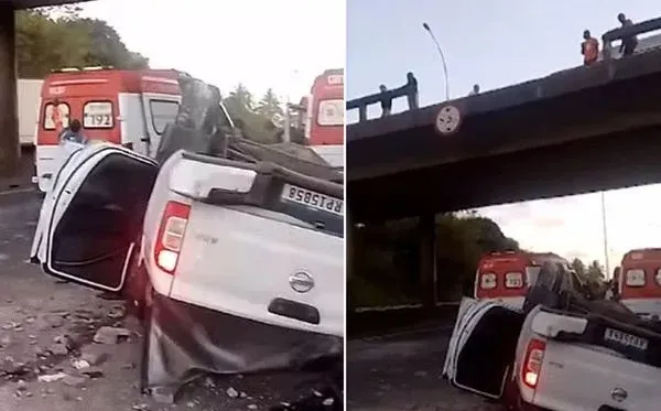 Caminhonete despenca de viaduto e cai na BR-324, em Salvador