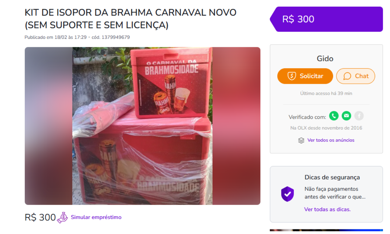 Ambulantes anunciam linceças para o Carnaval em sites de compra e venda. Foto: Web | Aratu On