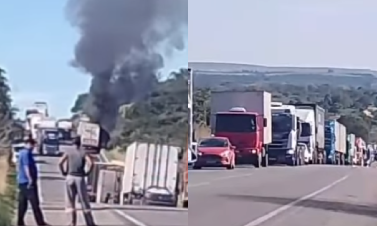 Caminh&atilde;o pega fogo na BR-116 e provoca interdi&ccedil;&atilde;o em Vit&oacute;ria da Conquista. Foto: Reprodu&ccedil;&atilde;o