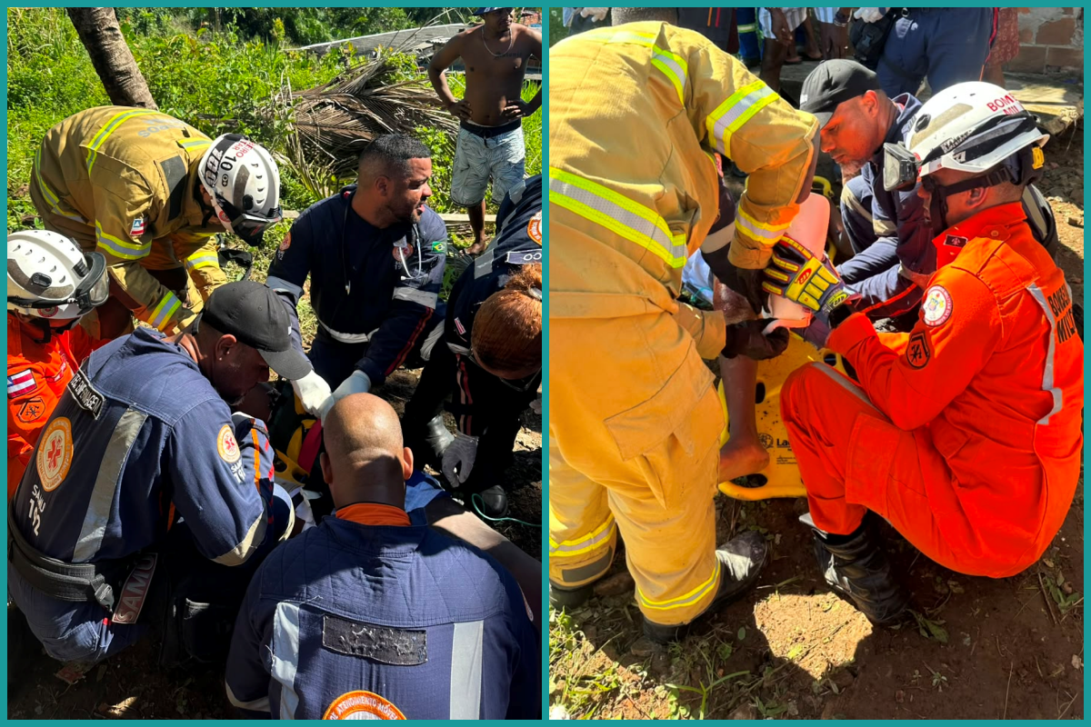 Crian&ccedil;a &eacute; resgatada ap&oacute;s desabamento de escada em Itaparica. Foto: Corpo de Bombeiros