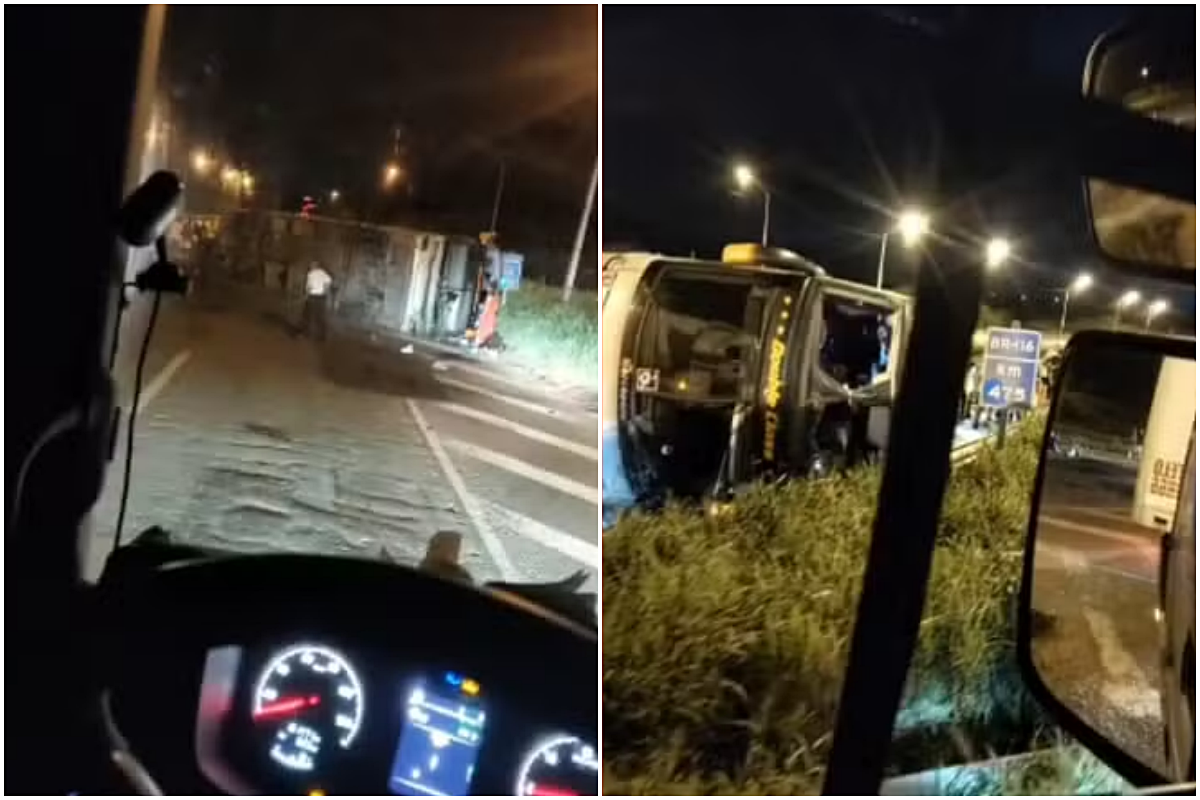 Um ônibus de viagens, que transportava 57 passageiros, tombou na BR-116, trecho de Santo Estêvão, e deixou cinco feridos no acidente; Foto: Redes Sociais