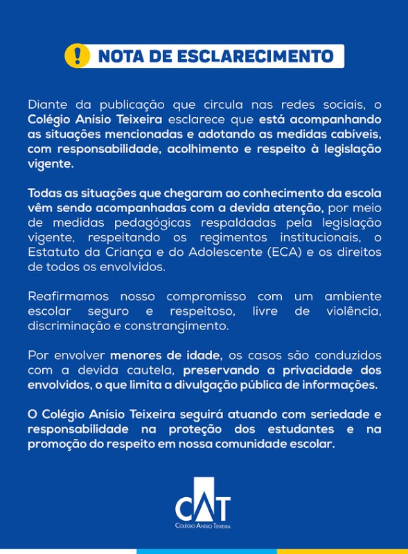 Nota de esclarecimento da escola. Foto: Reprodu&ccedil;&atilde;o  Redes Socias 